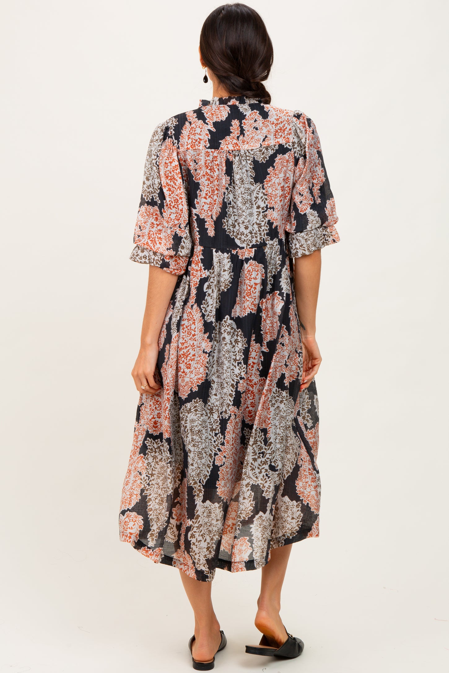 Black Floral Chiffon Front Tie Midi Dress