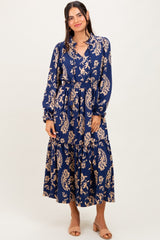 Navy Damask Front Tie Smocked Waist Midi Dress