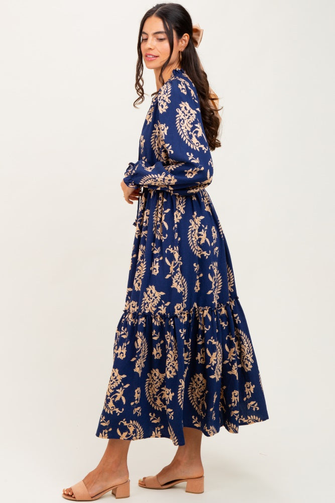 Navy Damask Front Tie Smocked Waist Midi Dress