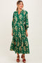 Green Damask Front Tie Smocked Waist Maternity Midi Dress