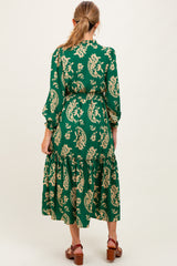 Green Damask Front Tie Smocked Waist Maternity Midi Dress