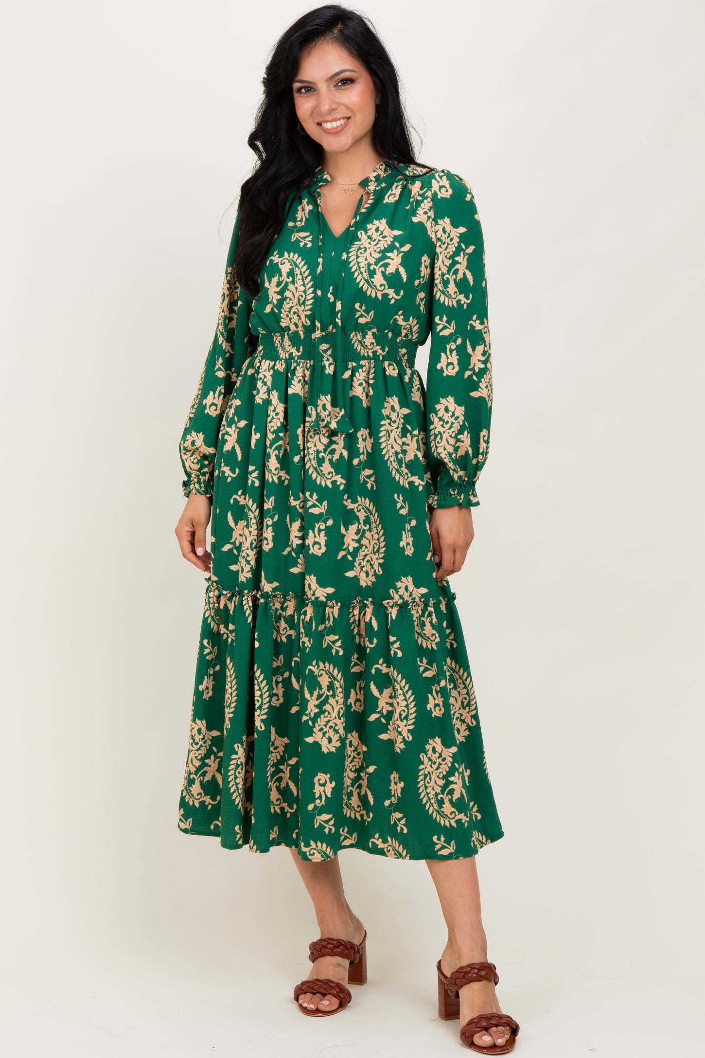 Green Damask Front Tie Smocked Waist Midi Dress
