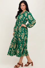 Green Damask Front Tie Smocked Waist Midi Dress
