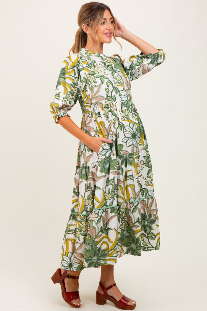 Green Floral Tiered Short Sleeve Maternity Midi Dress