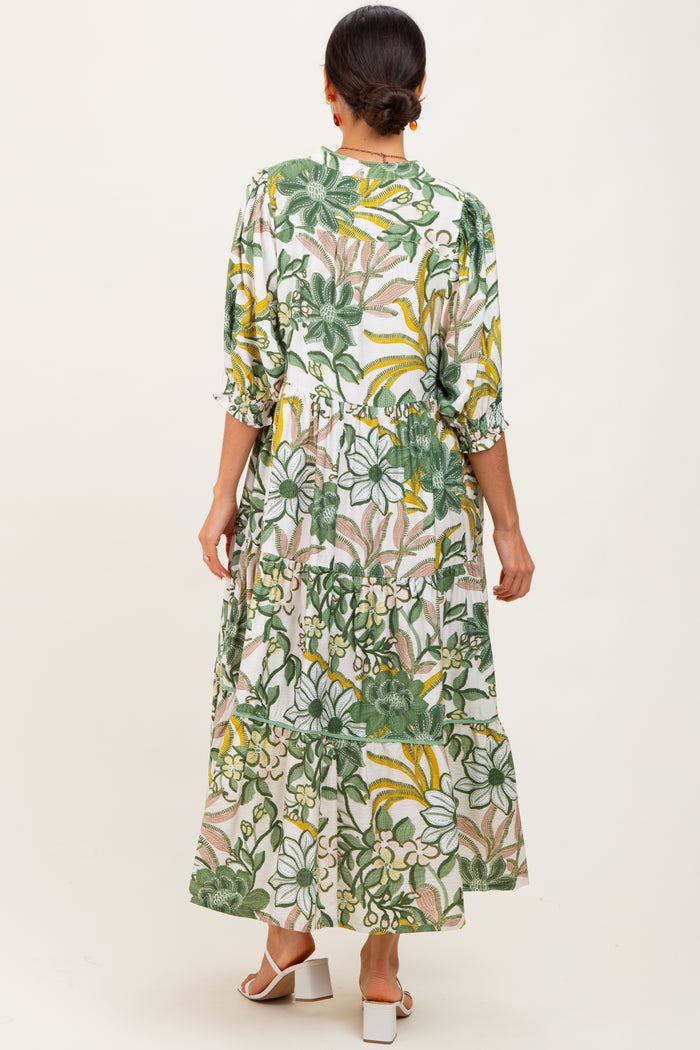 Green Floral Tiered Short Sleeve Midi Dress