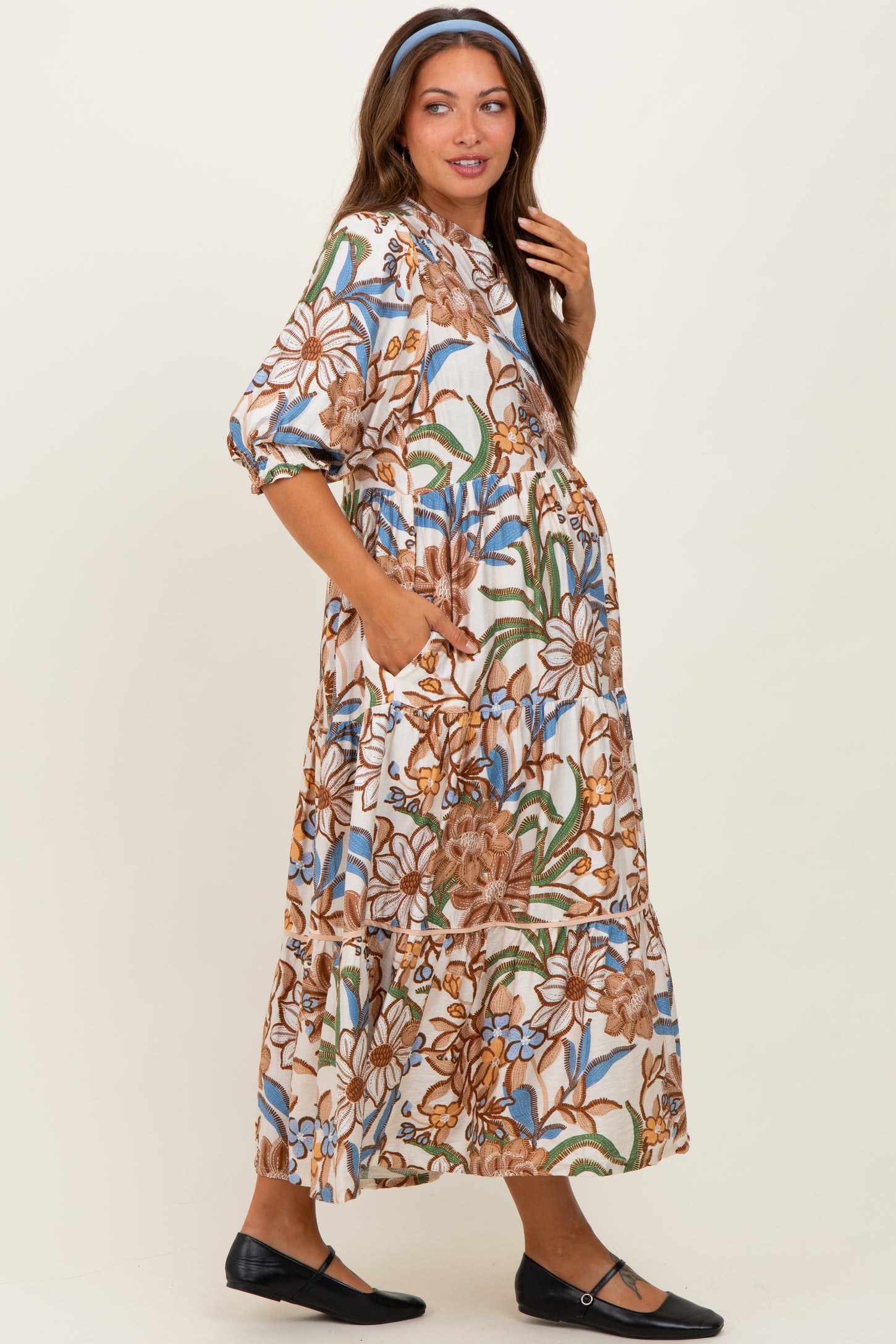 Beige Floral Tiered Short Sleeve Maternity Midi Dress