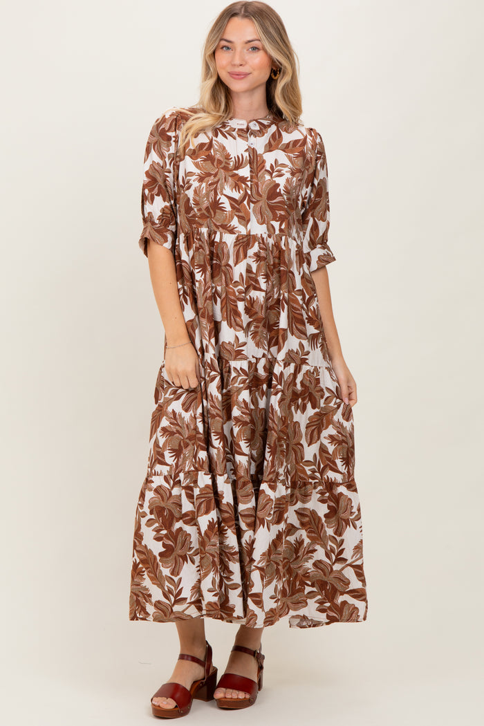 Brown Leaf Print Tiered Maternity Midi Dress