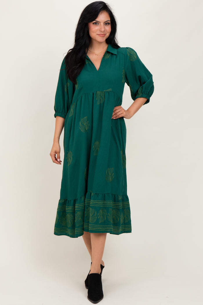 Forest Green Embroidered Leaf Print V-Neck Midi Dress