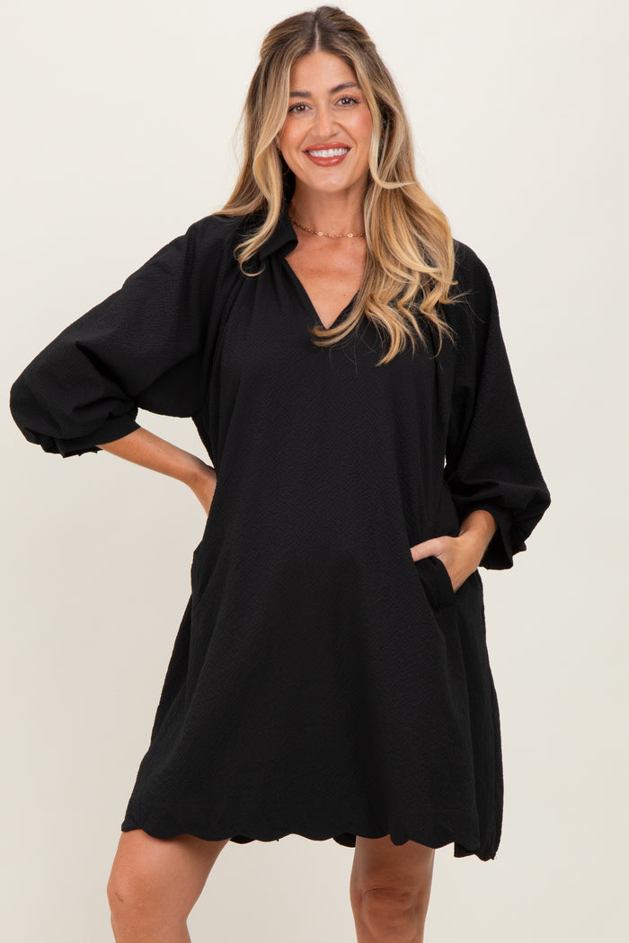 Black Textured Collared 3/4 Puff Sleeve Maternity Dress