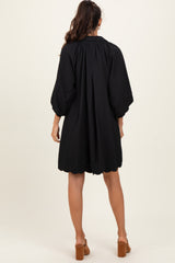 Black Textured Collared 3/4 Puff Sleeve Dress