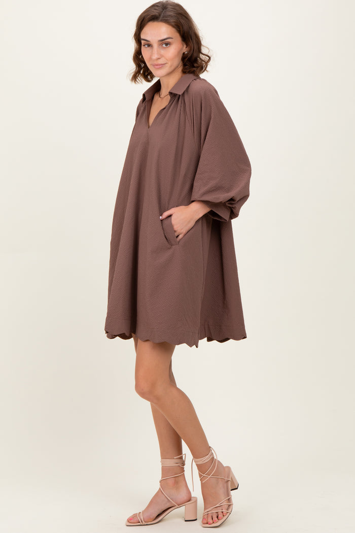 Brown Textured Collared 3/4 Puff Sleeve Dress