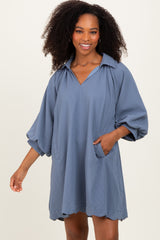 Blue Textured Collared 3/4 Puff Sleeve Maternity Dress
