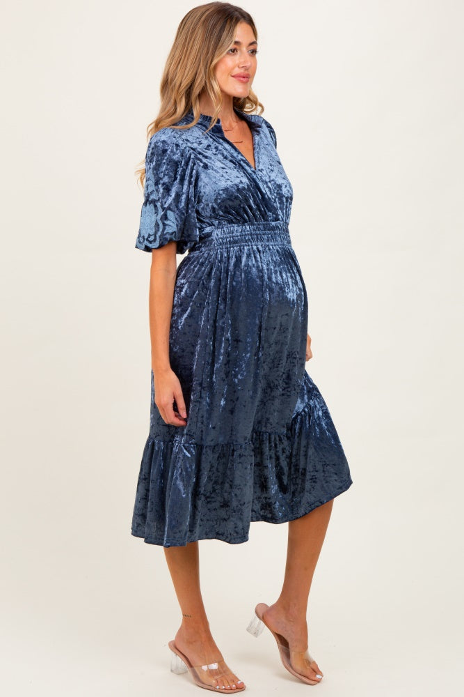 Blue Embroidered Velvet Smocked Waist Maternity Midi Dress