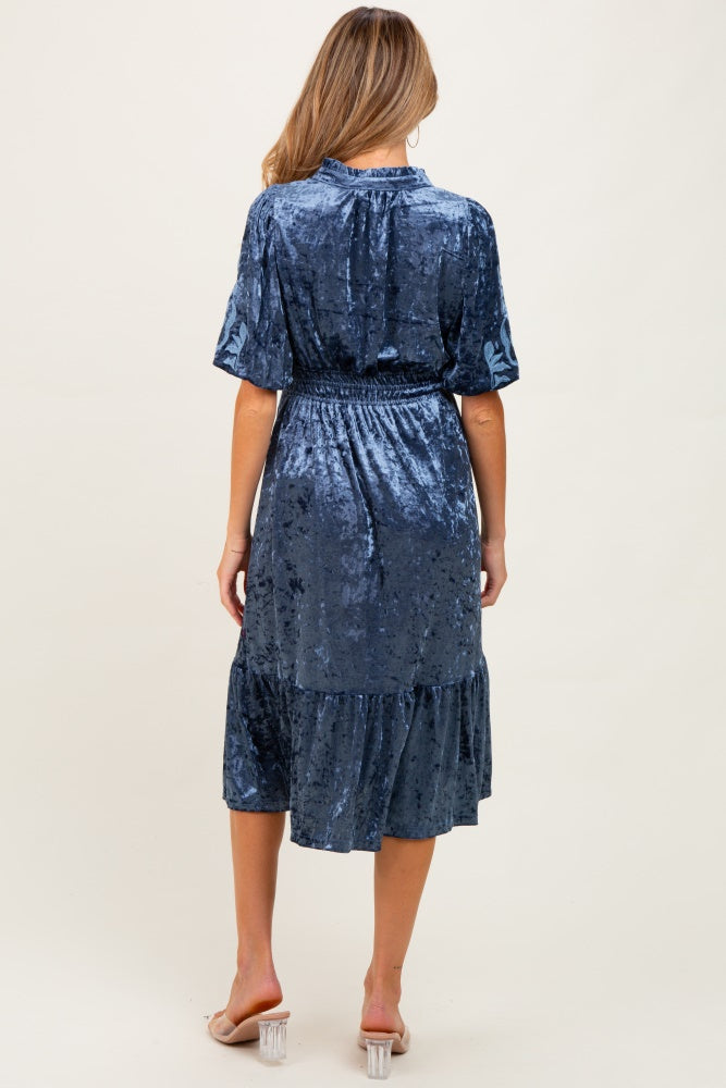 Blue Embroidered Velvet Smocked Waist Maternity Midi Dress
