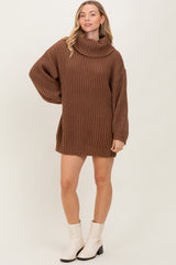 Light Brown Turtleneck Puff Sleeve Sweater Dress