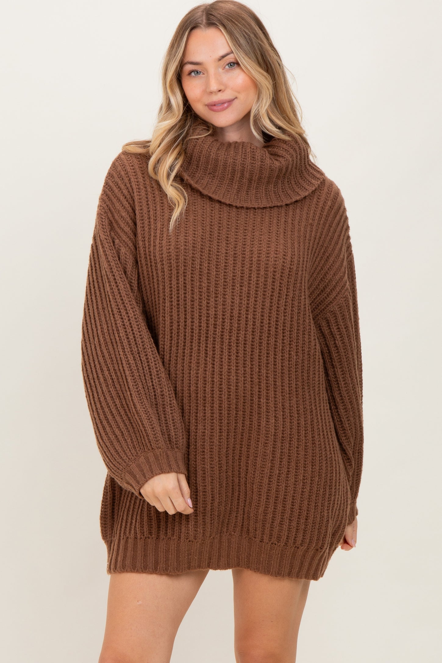 Light Brown Turtleneck Puff Sleeve Sweater Dress