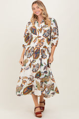 Cream Floral Collared 3/4 Sleeve Maternity Midi Dress
