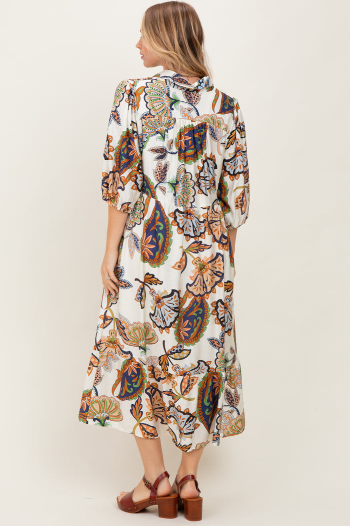 Cream Floral Collared 3/4 Sleeve Midi Dress