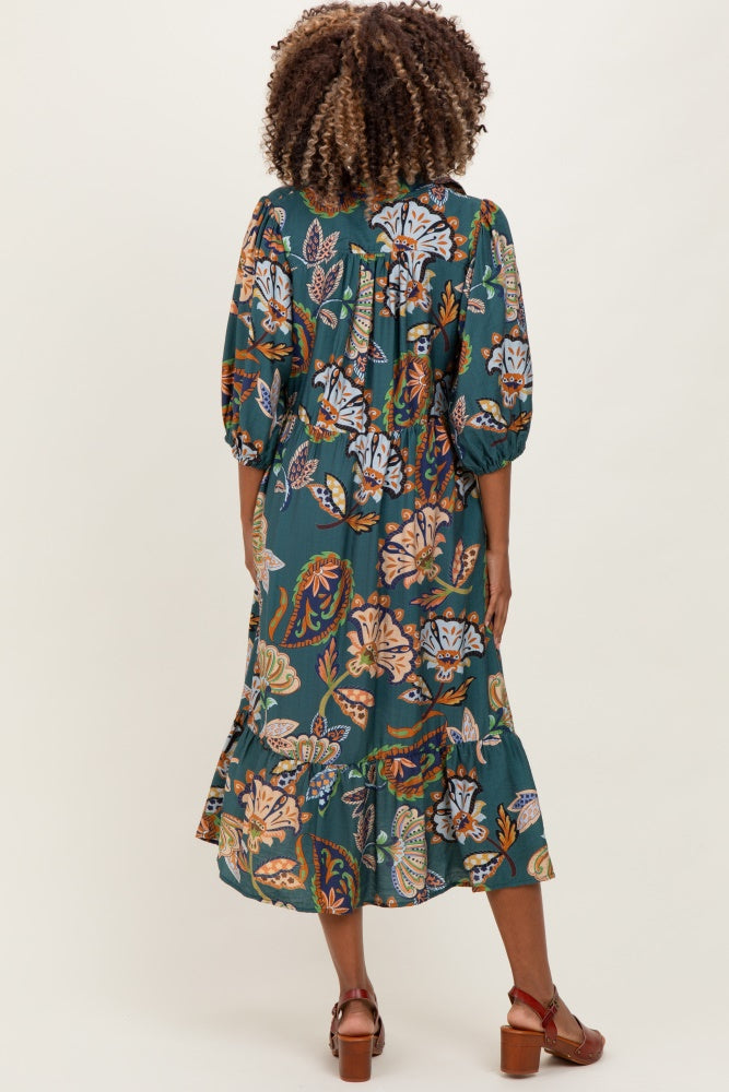 Teal Floral Collared 3/4 Sleeve Maternity Midi Dress