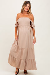 Beige Smocked Ruffle Off Shoulder Tiered Maternity Maxi Dress