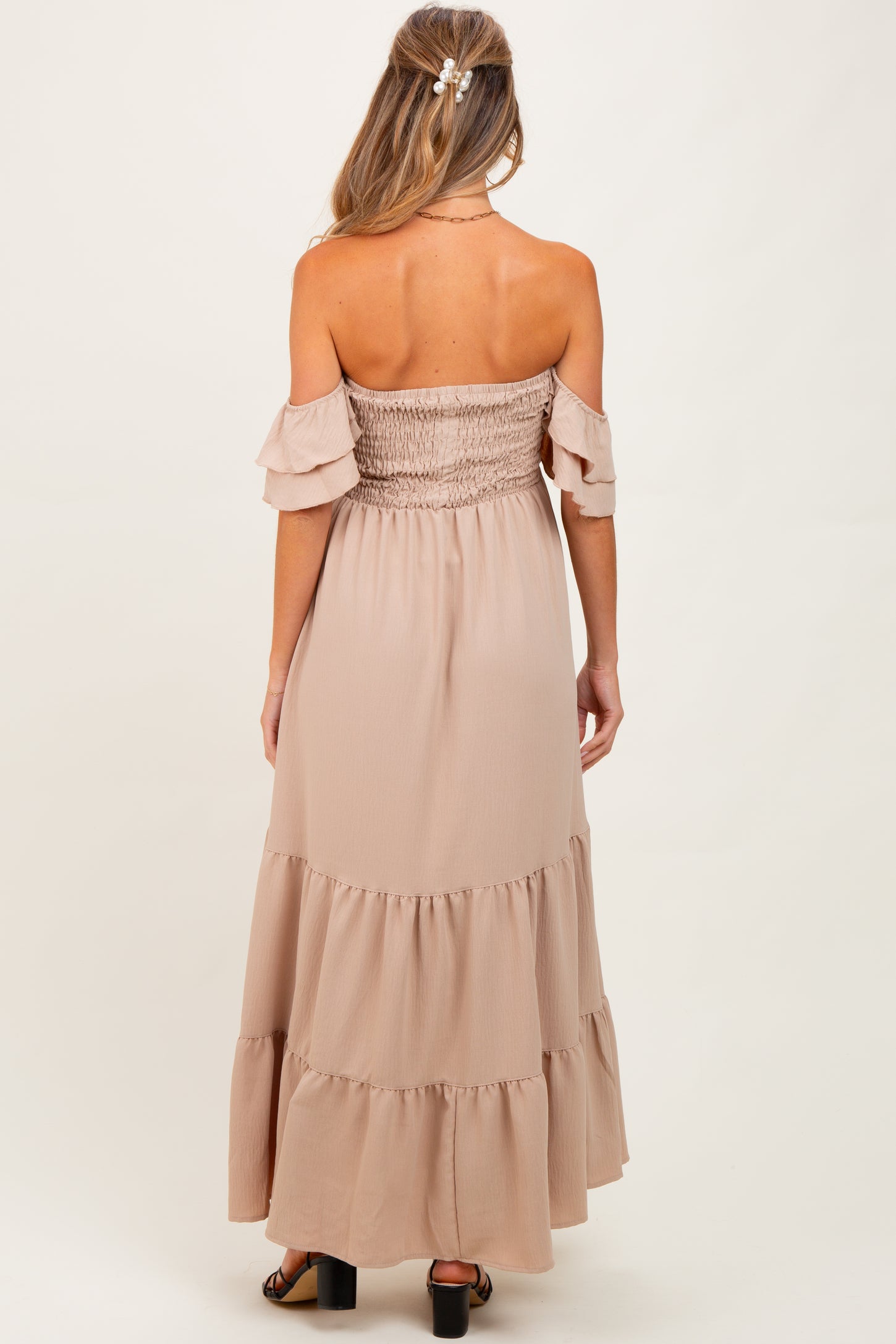 Beige Smocked Ruffle Off Shoulder Tiered Maternity Maxi Dress