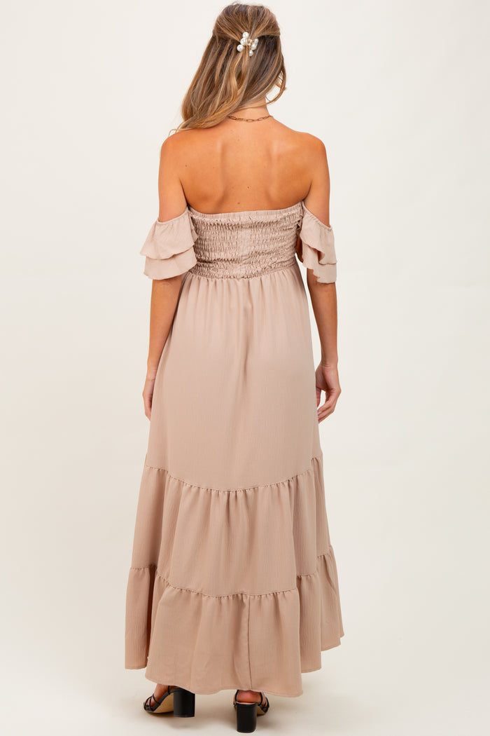 Beige Smocked Ruffle Off Shoulder Tiered Maternity Maxi Dress
