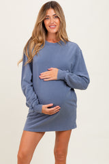 Blue Mineral Wash Oversized Maternity Sweatshirt Mini Dress