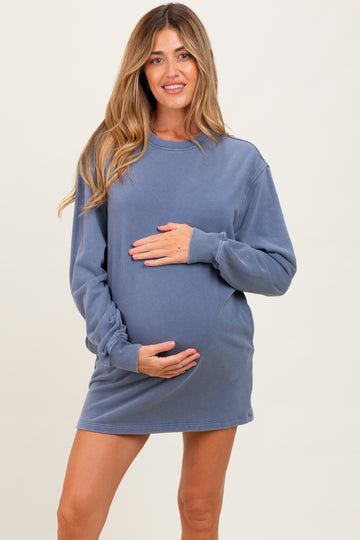 Blue Mineral Wash Oversized Maternity Sweatshirt Mini Dress