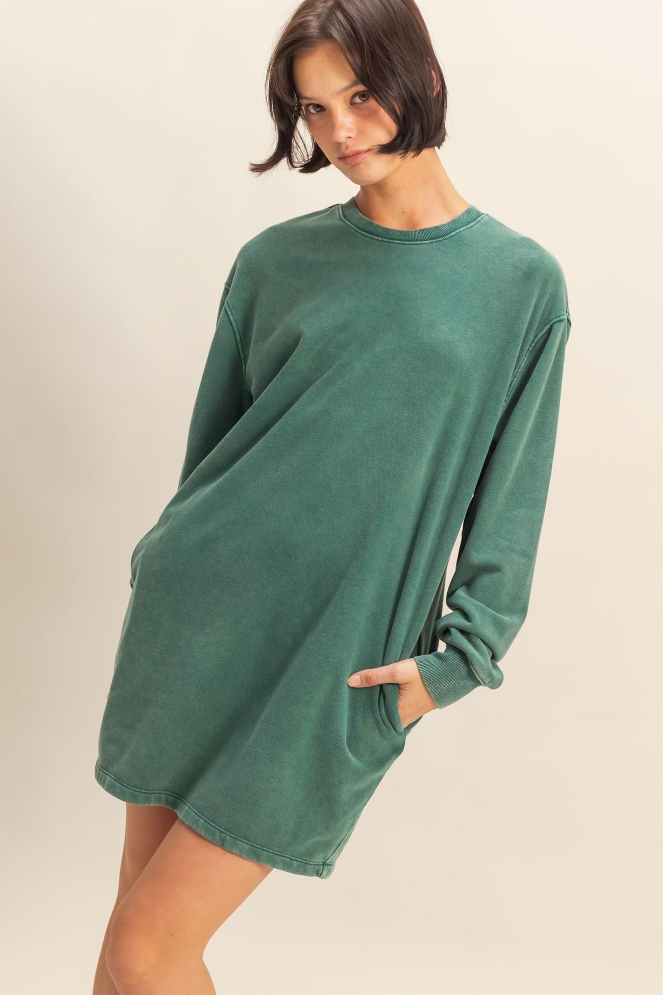 Forest Green Mineral Wash Oversized Sweatshirt Mini Dress