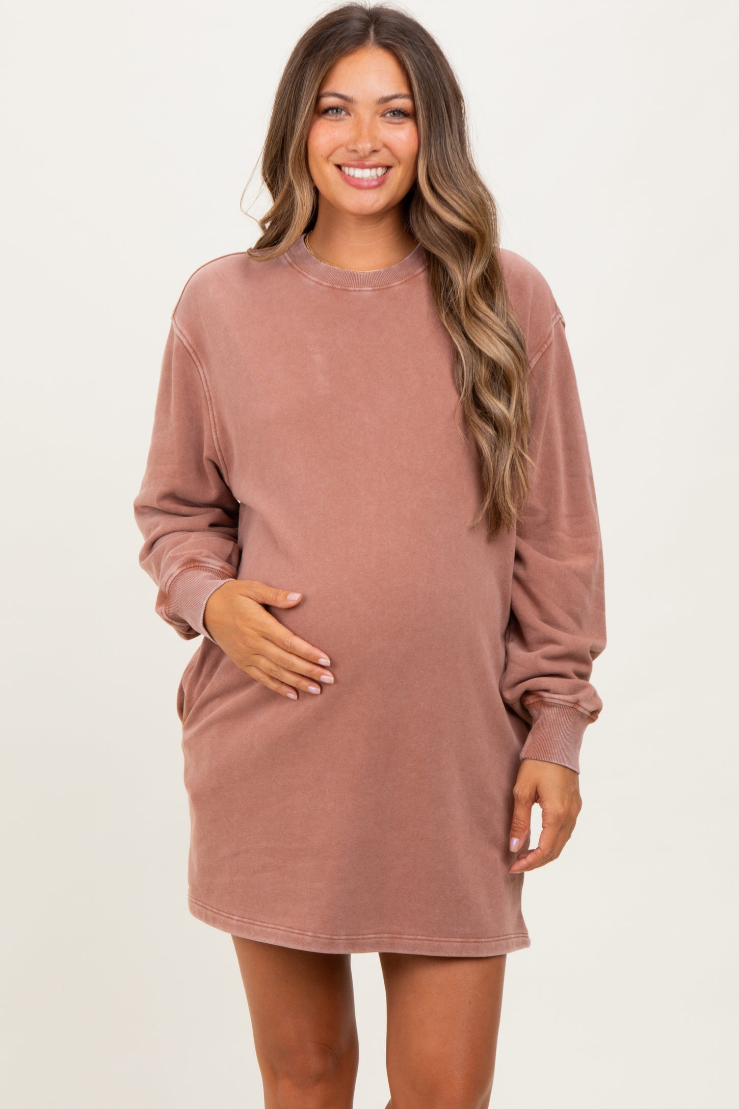 Light Taupe Mineral Wash Oversized Maternity Sweatshirt Mini Dress