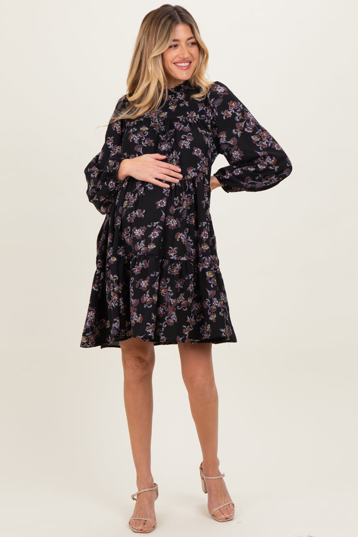 Black Floral Tiered Long Sleeve Maternity Dress