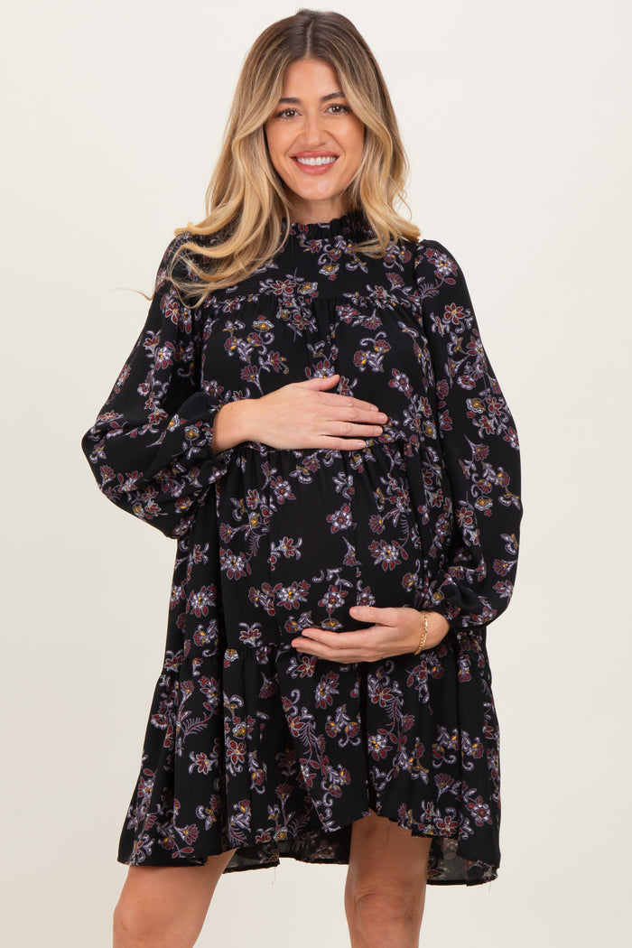 Black Floral Tiered Long Sleeve Maternity Dress