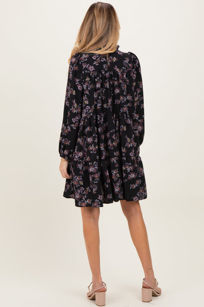 Black Floral Tiered Long Sleeve Maternity Dress