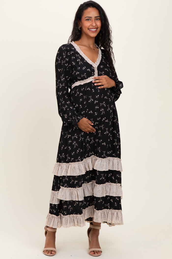 Black Floral Eyelet Lace Tiered Hem Maternity Maxi Dress