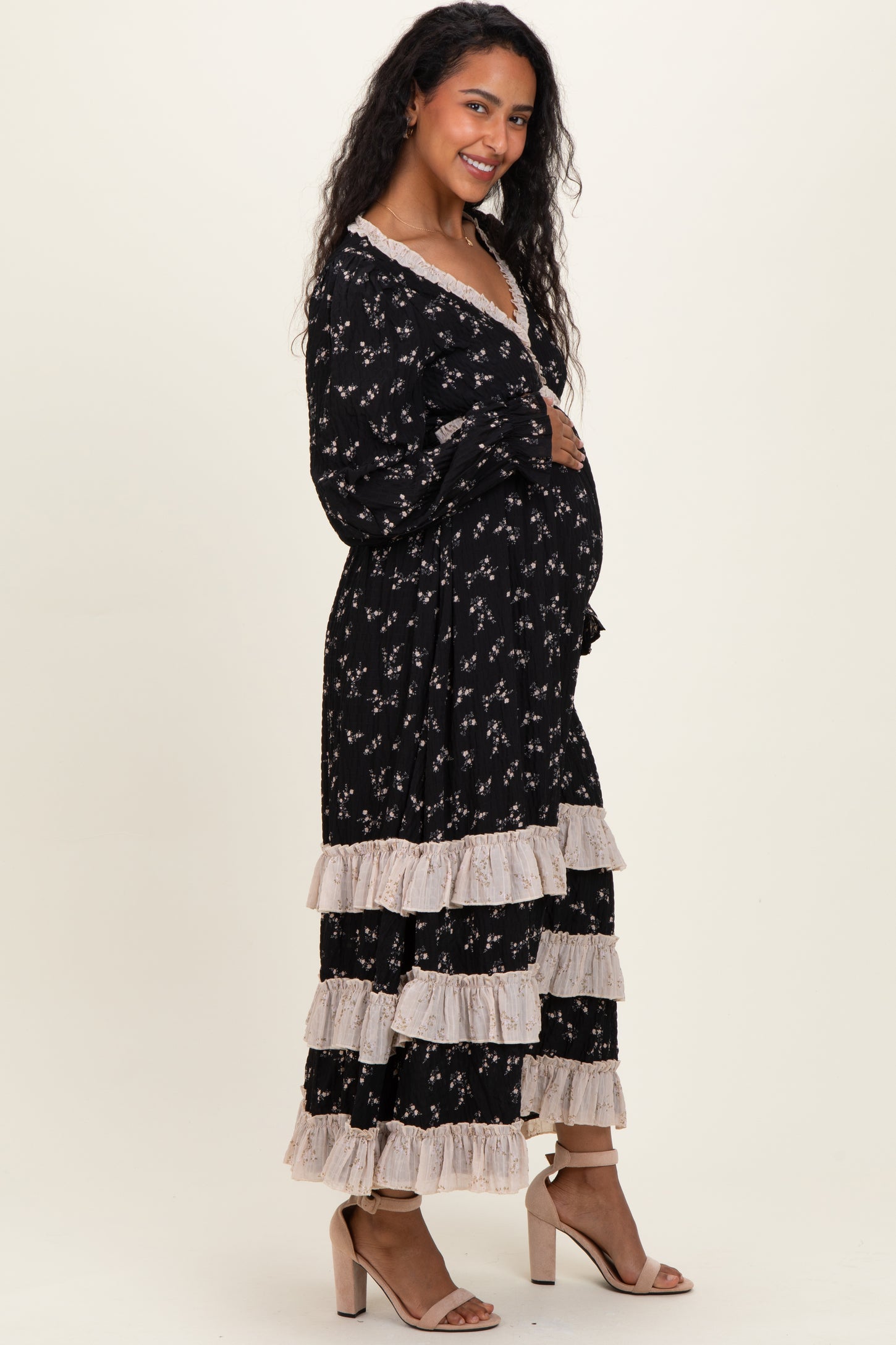 Black Floral Eyelet Lace Tiered Hem Maternity Maxi Dress