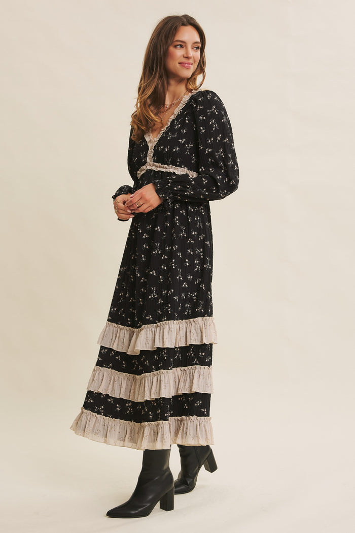 Black Floral Eyelet Lace Tiered Hem Maxi Dress