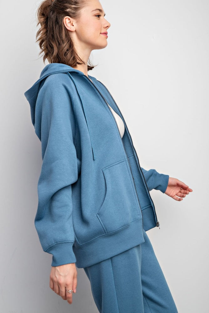 Blue Relaxed Fit Fleece Zip Hoodie