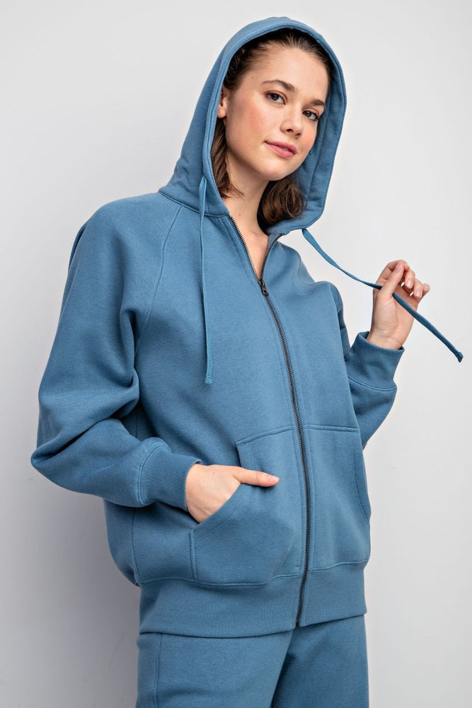 Blue Relaxed Fit Fleece Zip Hoodie