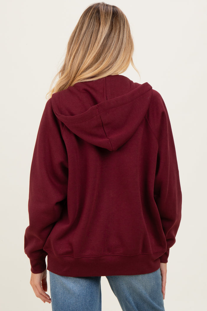 Burgundy Front Zipper Hooded Maternity Sweater