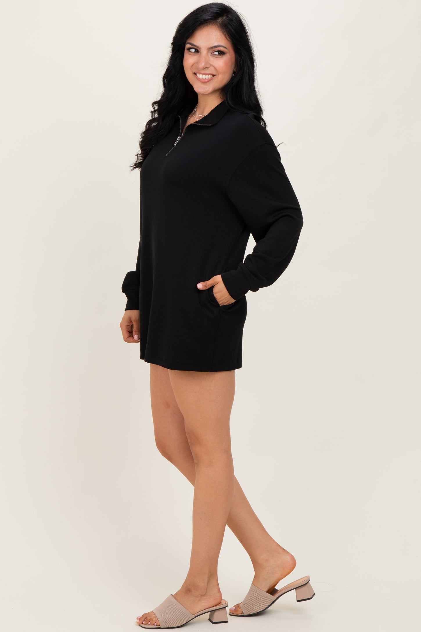 Black Half Zip Long Sleeve Mini Dress