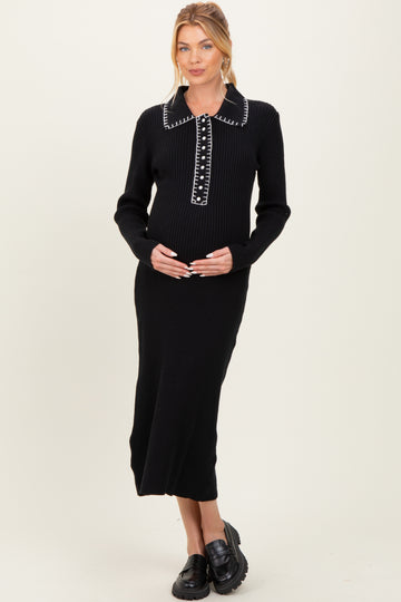 Black Contrast Stitch Maternity Midi Sweater Dress