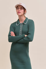 Forest Green Contrast Stitch Midi Sweater Dress