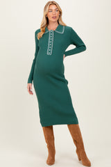 Forest Green Contrast Stitch Maternity Midi Sweater Dress