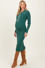 Forest Green Contrast Stitch Maternity Midi Sweater Dress