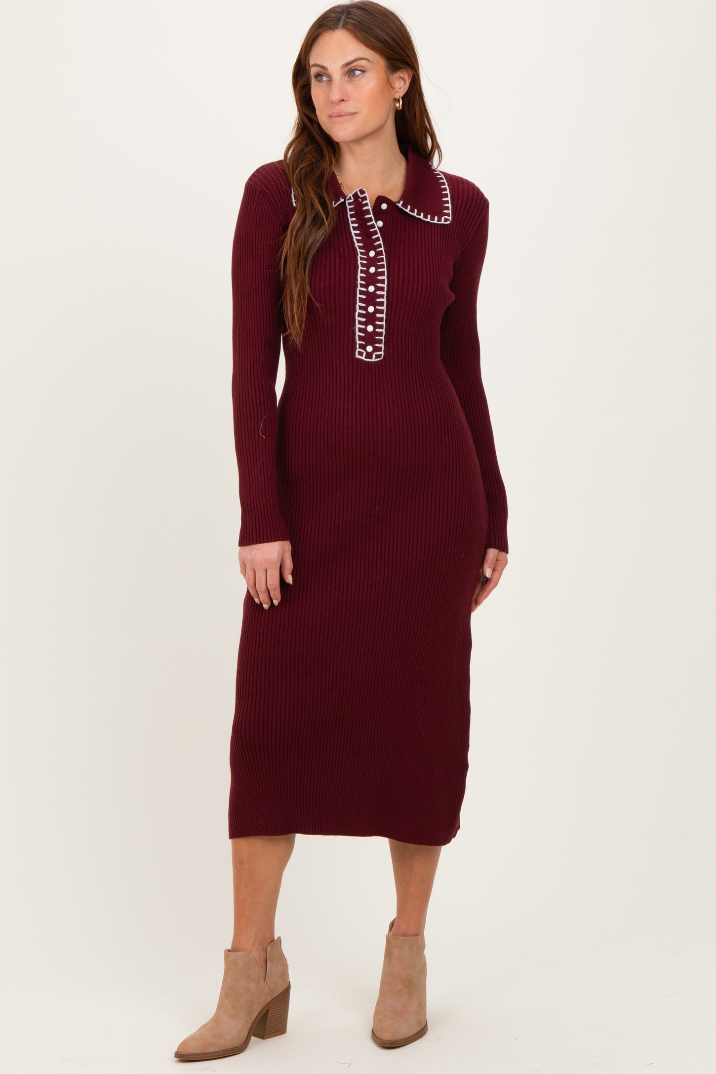 Burgundy Contrast Stitch Midi Sweater Dress