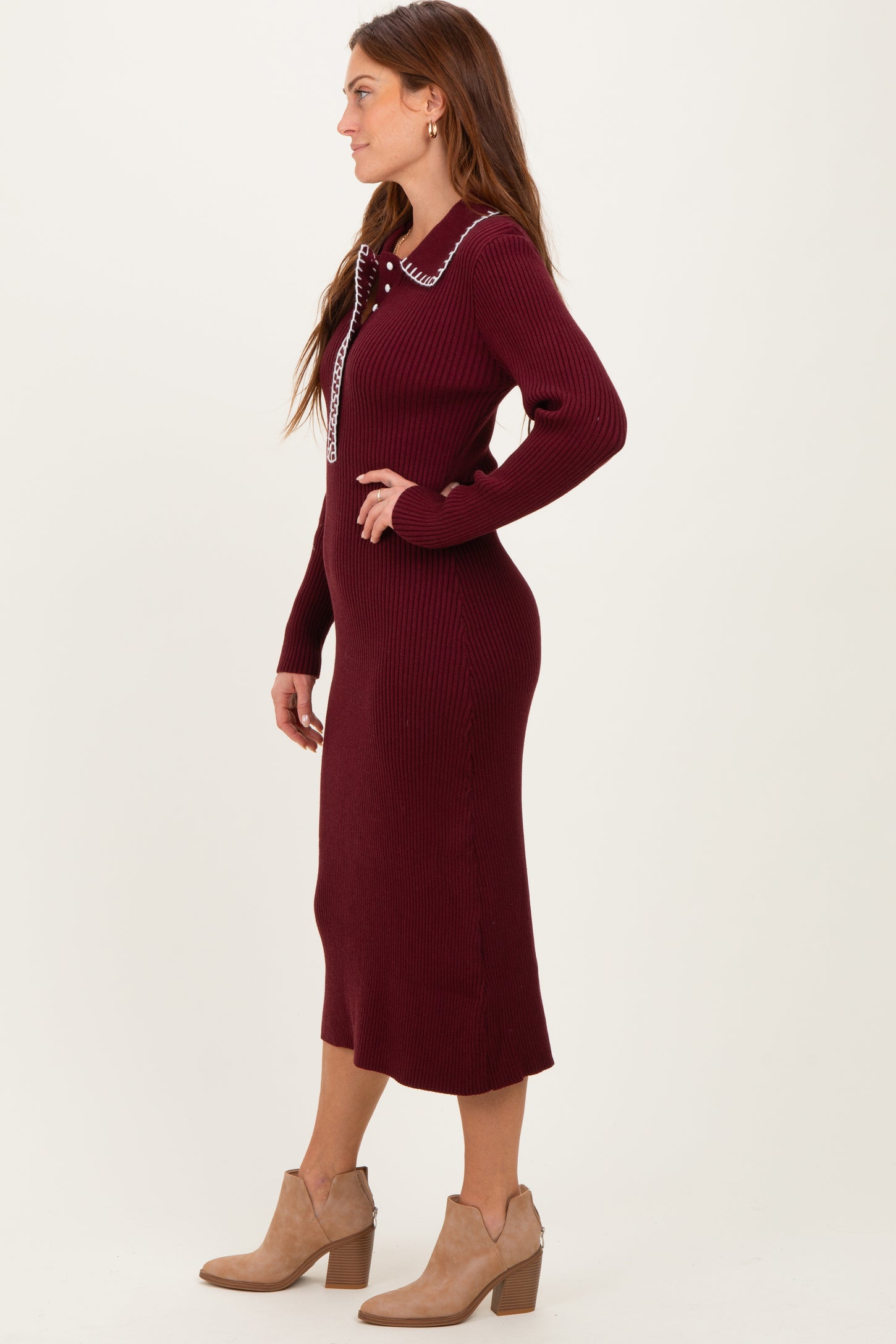 Burgundy Contrast Stitch Midi Sweater Dress
