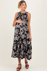 Black Floral Print Smocked Top Sleeveless Tiered Maternity Maxi Dress