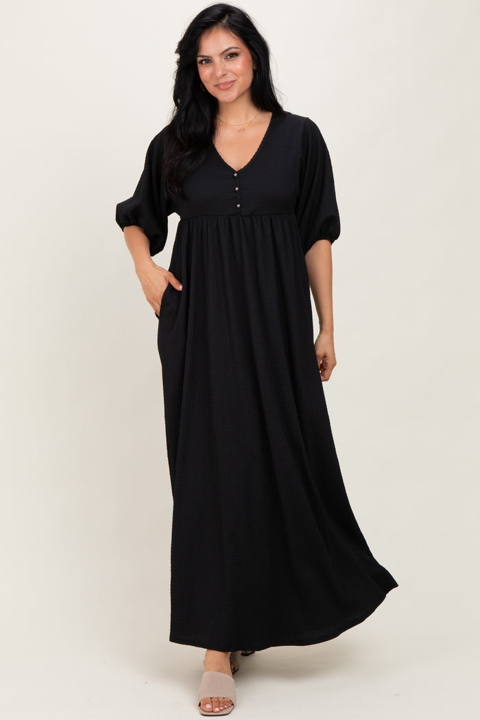 Black Solid Woven 3/4 Sleeve V-Neck Button Down Maxi Dress