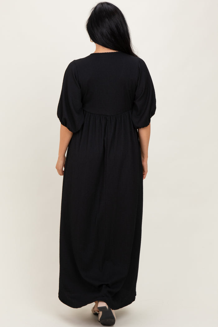 Black Solid Woven 3/4 Sleeve V-Neck Button Down Maxi Dress