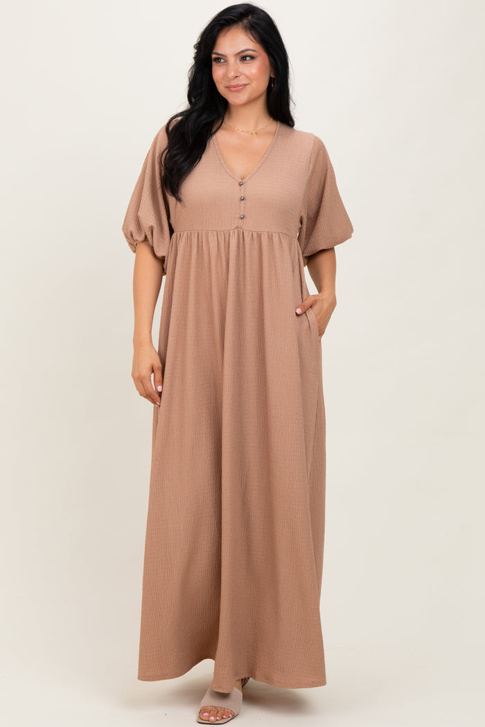 Beige Solid Woven 3/4 Sleeve V-Neck Button Down Maxi Dress